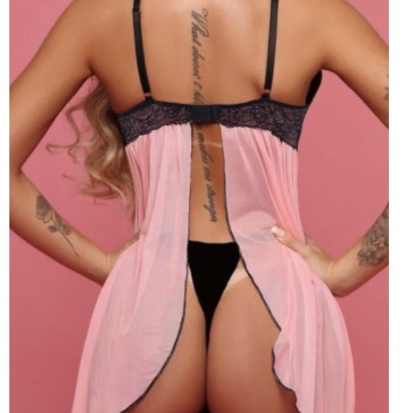 Pink Black lace tulle babydoll set with thong open - Picture 3 of 11